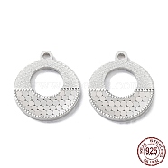 Rhodium Plated 925 Sterling Silver Pendants, Flat Round with Polka Dot Charm, Textured, Real Platinum Plated, 16x14x1.2mm, Hole: 1.5mm(STER-C003-08P)