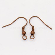 Brass Earring Hooks, with Beads and Horizontal Loop, Nickel Free, Red Copper, 19mm, Hole: 1.5mm, 21 Gauge, Pin: 0.7mm(KK-Q362-RC-NF)