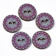 2-Hole Printed Wooden Buttons, Flat Round with Floral Pattern, Undyed, Medium Violet Red, 20x2.5~3mm, Hole: 2mm(BUTT-ZX004-01A-01)