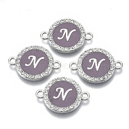 Alloy Enamel Links Connectors, with Crystal Rhinestones, Flat Round with Letter, Silver Color Plated, Letter.N, 22x16x2mm, Hole: 1.8mm(ENAM-TAC0003-01S-01N)