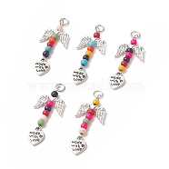 Dyed Synthetic Turquoise Pendants, Angel Wing Charms with Antique Silver Plated Alloy Love Heart, Mixed Color, 44x18x4.5mm, Hole: 4.4mm(PALLOY-JF02029)