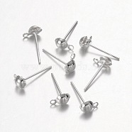 Iron Half Ball Post Ear Studs, with Loop, Silver Color Plated, Size: about 4mm wide, 13mm long, hole: 1mm, half ball: 4.3mm in diameter(E219-S)
