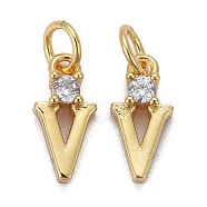 Brass Micro Pave Clear Cubic Zirconia Pendants, with Jump Rings, Real 18K Gold Plated, Long-Lasting Plated, Letter, Letter.V, 9.5x4.5x2mm(ZIRC-Z011-35V)