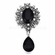 Alloy Flat Back Cabochons, with Acrylic Rhinestones, Oval and Teardrop, Antique Silver, Faceted, Black, 59x29x6mm(RB-S063-D01)