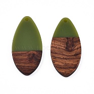 Opaque Resin & Walnut Wood Pendants, Teardrop Shape Charm, Olive, 38x18x3mm, Hole: 2mm(RESI-N025-032-B02)