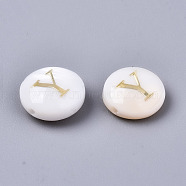 Natural Freshwater Shell Beads, with Golden Plated Brass Etched Metal Embellishments, Flat Round, Seashell Color, Letter.Y, 8x3~5mm, Hole: 0.5~07mm(SHEL-S266-12Y)