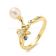 Natural Pearl Finger Ring, with Brass and Rhinestone Finding for Women, Real 14K Gold Plated, Inner Diameter: 18mm(RJEW-K265-06G)