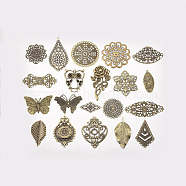 Iron Etched Metal Embellishments, Mixed Shapes, 6pcs/style, 20style/bag, Antique Bronze, Fit for 4~6mm rhinestone, 49.5~92x23~69x0.5~3mm, No Hole and Hole: 1~2.5mm & 4x3mm, about 120pcs/bag(IFIN-T002-M)