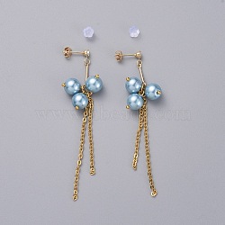 Eco-Friendly Glass Pearl Dangle Stud Earrings, with Brass Bar Links Chains, 304 Stainless Steel Cable Chains, Brass Cubic Zirconia Stud Earring Findings, Brass & Plastic Ear Nuts, Earring Backs, Real 18K Gold Plated, Light Sky Blue, 75mm, Pin: 0.7mm(EJEW-JE03813-04)