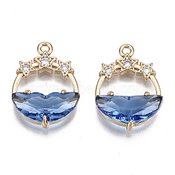 Faceted Transparent Glass Pendants, with Brass Crystal Rhinestone Findings, Flat Round with Star, Light Gold, Royal Blue, 21x15x5mm, Hole: 1.4mm(GLAA-T020-18A)