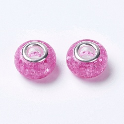 Resin European Beads, with Silver Color Plated Brass Single Core, Rondelle, Camellia, 14x9mm, Hole: 5mm(RPDL-K002-B02)