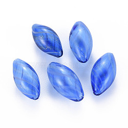 Transparent Handmade Blown Glass Globe Beads, with Glitter Powder, Stripe Pattern, Rice, Dodger Blue, 25~27x12~13mm, Hole: 1~2mm(X-GLAA-T012-13)
