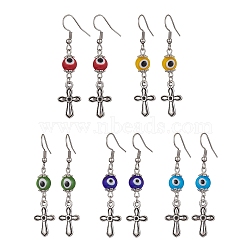 Alloy Cross Dangle Earrings with 304 Stainless Steel Pins, Lampwork Evil Eye Long Drop Earrings, Mixed Color, 54x12mm(EJEW-JE05440)