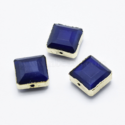 Glass Beads, with Brass Findings, Faceted, Square, Golden, Royal Blue, 13x13x7~8mm, Hole: 1mm(GLAA-F075-G05)