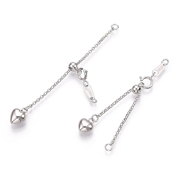 925 Sterling Silver Chain Extender, with S925 Stamp, with Clasps & Curb Chains, Real Platinum Plated, 50mm, Links: 53x1x0.5mm; Clasps: 8x6x1mm; Heart: 7.5×6×4mm, Label: 7x3x0.5mm.