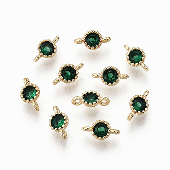 Brass Micro Pave Green Cubic Zirconia Links Connectors, Nickel Free, Real 18K Gold Plated, Flat Round, 7.5x4x3.5mm, Hole: 0.9mm