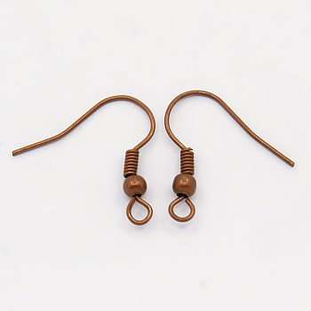 Brass Earring Hooks, with Beads and Horizontal Loop, Nickel Free, Red Copper, 19mm, Hole: 1.5mm, 21 Gauge, Pin: 0.7mm