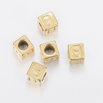 304 Stainless Steel Large Hole Letter European Beads, Horizontal Hole, Cube with Letter.B, Golden, 8x8x8mm, Hole: 5mm