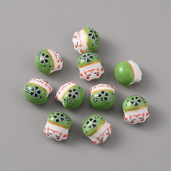 Handmade Porcelain Beads, Famille Rose Porcelain, Lucky Cat, Lime Green, 14x12.5x11.5mm, Hole: 2mm