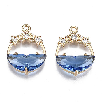 Faceted Transparent Glass Pendants, with Brass Crystal Rhinestone Findings, Flat Round with Star, Light Gold, Royal Blue, 21x15x5mm, Hole: 1.4mm