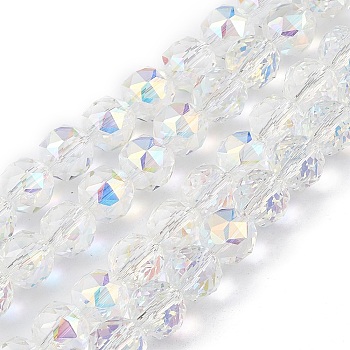Transparent Electroplate Glass Beads Strands, Faceted, Round, AB Color Plated, Clear AB, 9~10x9~9.5mm, Hole: 1.4mm, about 54~60pcs/strand, 18.90~21.65 inch(48~55cm)