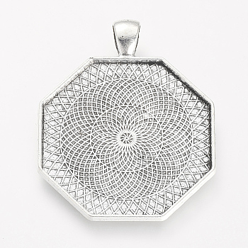 Tibetan Style Alloy Pendant Cabochon Settings, Plain Edge Bezel Cups, Cadmium Free & Lead Free, Octagon, Antique Silver, Tray: 35x35mm, 46x37x2mm, Hole: 6x4mm