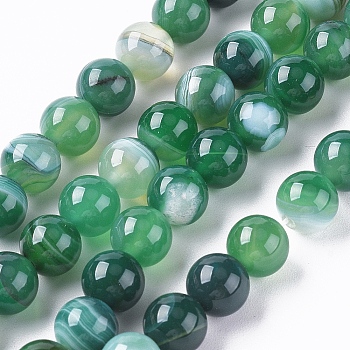 Natural Striped Agate/Banded Agate Beads Strands, Dyed & Heated, Round, Green, 6mm, Hole: 1mm, about 63pcs/strand, 14.57 inch(37cm)