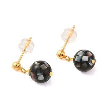 Sterling Silver Dangle Earrings, with Black Lip Shell,  Jewely for Women, Round, Real 18K Gold Plated, 24x8mm
