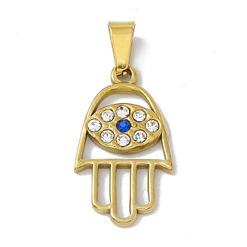 Vacuum Plating 304 Stainless Steel Pendants, with Rhinestone, Hamsa Hand with Horse Eye, Golden, 25x14x2mm, Hole: 6.5x3mm