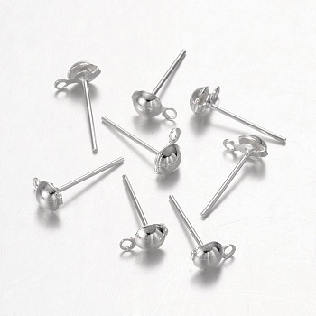 Iron Half Ball Post Ear Studs, with Loop, Silver Color Plated, Size: about 4mm wide, 13mm long, hole: 1mm, half ball: 4.3mm in diameter