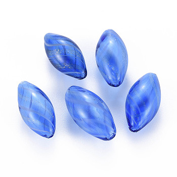 Transparent Handmade Blown Glass Globe Beads, with Glitter Powder, Stripe Pattern, Rice, Dodger Blue, 25~27x12~13mm, Hole: 1~2mm