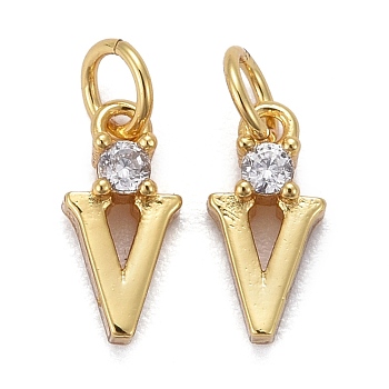 Brass Micro Pave Clear Cubic Zirconia Pendants, with Jump Rings, Real 18K Gold Plated, Long-Lasting Plated, Letter, Letter.V, 9.5x4.5x2mm
