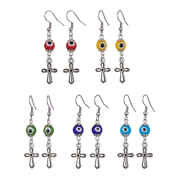 Alloy Cross Dangle Earrings with 304 Stainless Steel Pins, Lampwork Evil Eye Long Drop Earrings, Mixed Color, 54x12mm