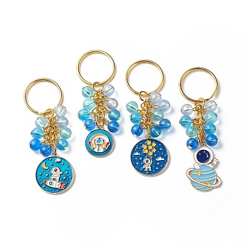 4Pcs Flat Round/Spaceman Alloy Enamel Pendant Keychain, with Acrylic Beads, for Car Bag Pendant Decoration Key Chain, Dodger Blue, 8cm