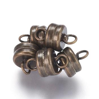 Brass Magnetic Clasps with Loops, Flat Round, Antique Bronze, 11x7mm, Hole: 2mm