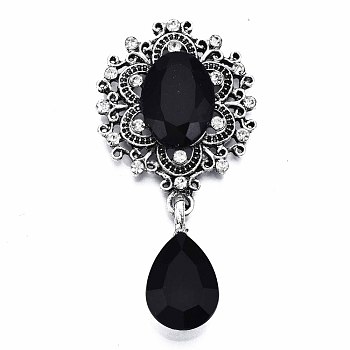 Alloy Flat Back Cabochons, with Acrylic Rhinestones, Oval and Teardrop, Antique Silver, Faceted, Black, 59x29x6mm