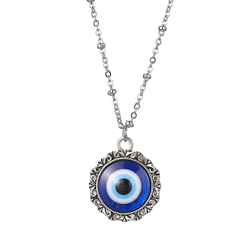 Evil Eye Resin Alloy Pendants Necklaces, 304 Stainless Steel Satellite Chains Necklaces for Women, Stainless Steel Color, 17.72 inch(45cm)