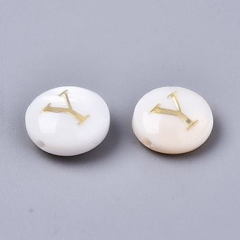 Natural Freshwater Shell Beads, with Golden Plated Brass Etched Metal Embellishments, Flat Round, Seashell Color, Letter.Y, 8x3~5mm, Hole: 0.5~07mm