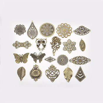 Iron Etched Metal Embellishments, Mixed Shapes, 6pcs/style, 20style/bag, Antique Bronze, Fit for 4~6mm rhinestone, 49.5~92x23~69x0.5~3mm, No Hole and Hole: 1~2.5mm & 4x3mm, about 120pcs/bag