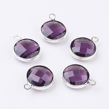 Silver Color Plated Brass Glass Flat Round Charms, Faceted, Purple, 12x8.5x3mm, Hole: 1.5mm