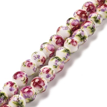 Handmade Flower Printed Porcelain Ceramic Beads Strands, Round, Hot Pink, 8~8.5mm, Hole: 2mm, about 42pcs/strand, 12.9 inch~13.3 inch(33~34cm)
