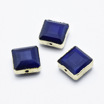 Glass Beads, with Brass Findings, Faceted, Square, Golden, Royal Blue, 13x13x7~8mm, Hole: 1mm