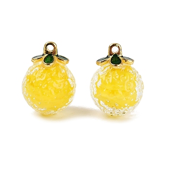 Handmade Lampwork Pendants, Lemon Charms, with Golden Tone Alloy Findings, Yellow, 17~17.5x12~13mm, Hole: 1.5mm