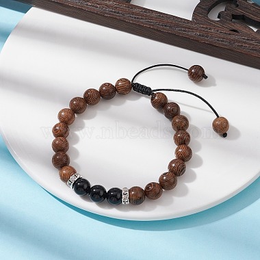 bracelet de perles tressées rondes en bois de wengé naturel et obsidienne(BJEW-JB09757-02)-2