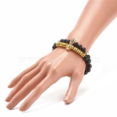 2Pcs 2 Style Synthetic Hematite & Black Stone & Natural Obsidian Stretch Bracelets Set with Cubic Zirconia Skull(BJEW-JB08120-01)-3
