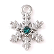 Alloy with Rhinestone Pendants, Snowflake, Platinum, Green, 13x9.5x2.5mm, Hole: 1.2mm(ALRI-U001-02B-01)