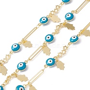 Enamel Evil Eye & Ova & Star Link Chains, with Brass Hamsa Hand Charms, Real 18K Gold Plated, Soldered, Long-Lasting Plated, with Spools, Deep Sky Blue, 15x2.5x0.8mm, 12x6.5x4.5mm, 11x5x1.2mm(CHC-C003-23G-01)