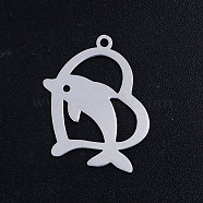 201 Stainless Steel Pendants, Dolphin with Heart, Stainless Steel Color, 24.5x18x1mm, Hole: 1.5mm(STAS-S105-JN371-1)