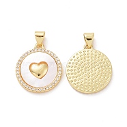 Brass Micro Pave Clear Cubic Zirconia Pendants, with Shell, Flat Round with Heart Charms, Golden, 20.5x18x3mm, Hole: 3x4mm(ZIRC-F134-12G)