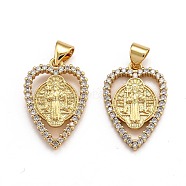 Brass Micro Pave Clear Cubic Zirconia Pendants, Long-Lasting Plated, Heart, Real 18K Gold Plated, 21.5x14.5x2.5mm, Hole: 3x4mm(ZIRC-J025-63G)